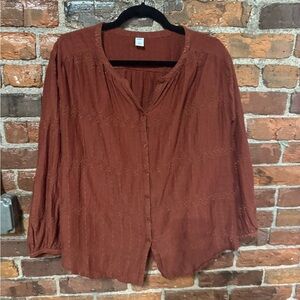 Old Navy Brown/Burnt Orange 3/4 Sleeve Eyelet Buttoned Blouse